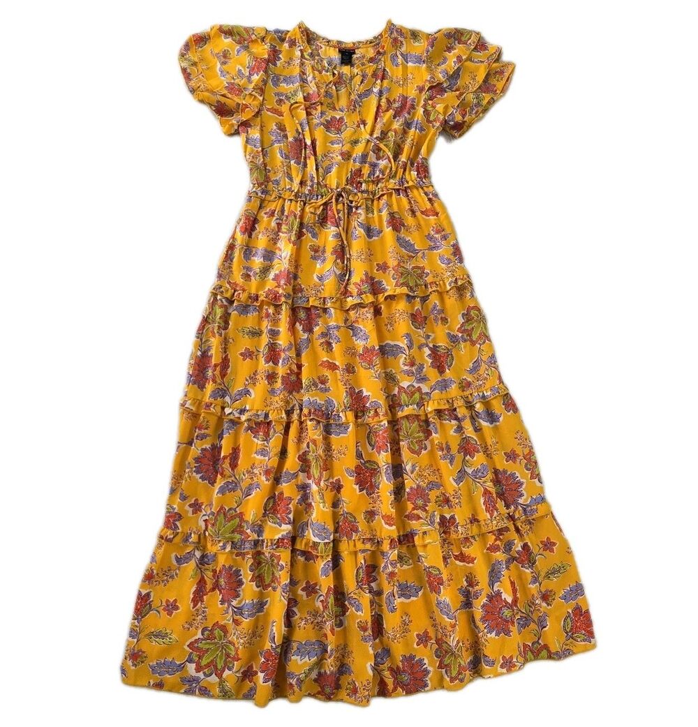 Kate & Lily Yellow Floral Tiered Maxi Dress Size 14 Boho Ruffle Waist Tie